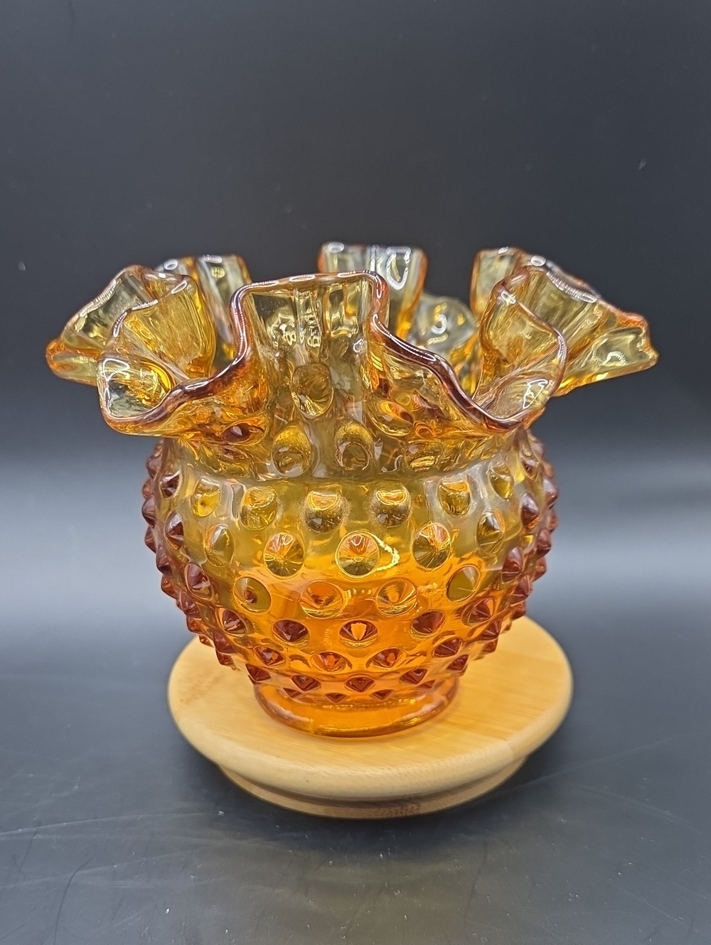 Fwnton Amber Hobnail Glass Ruffled Vase Bowl